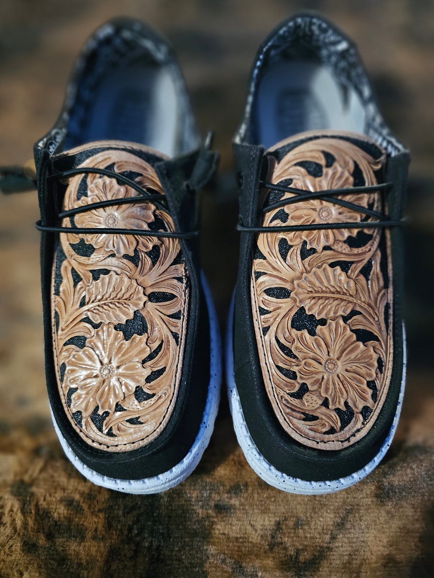Women's Black Floral Tooled Leather Hey Dudes