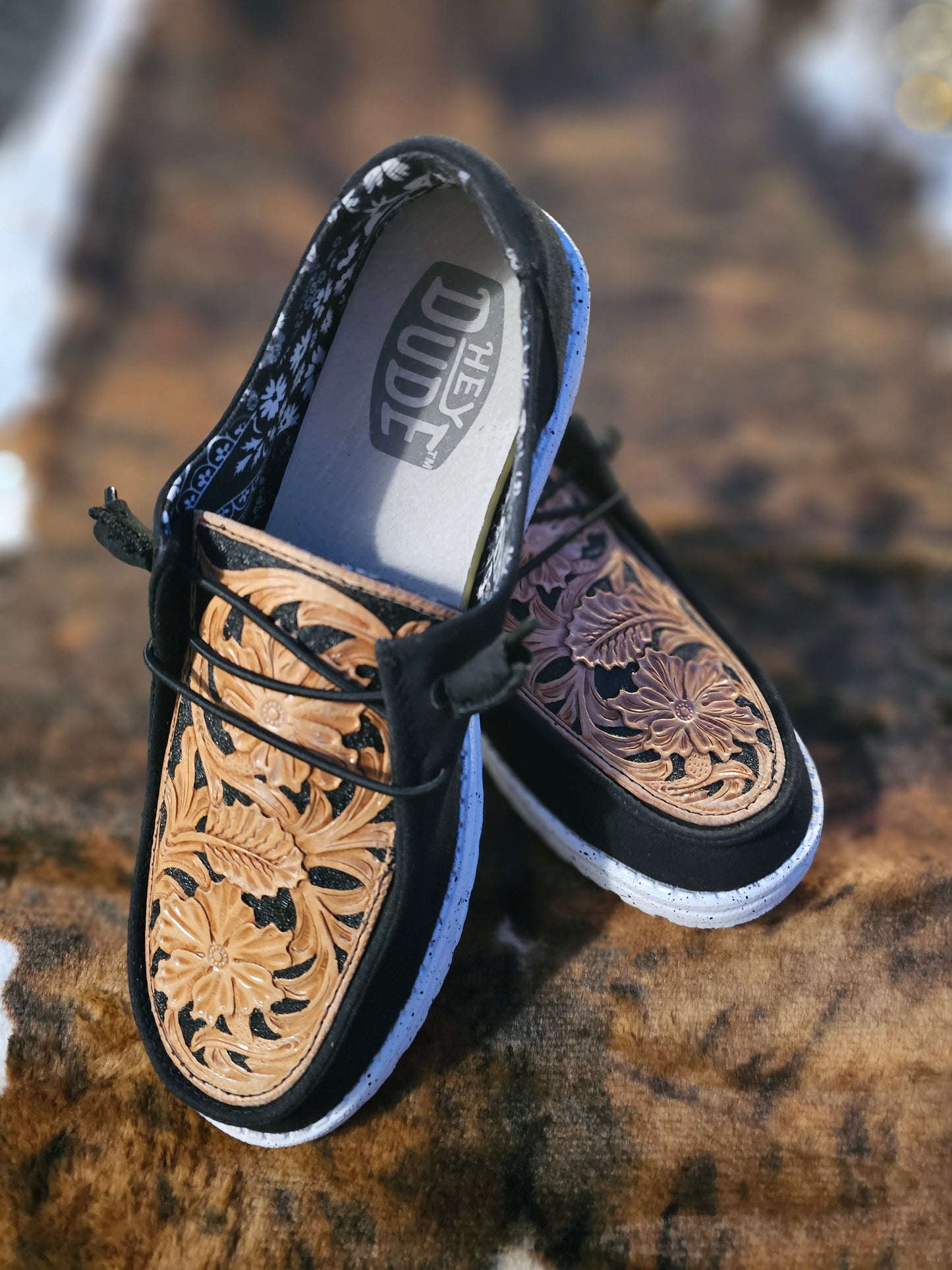 Women's Black Floral Tooled Leather Hey Dudes