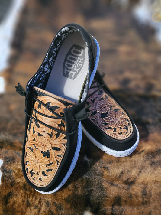 Women's Black Floral Tooled Leather Hey Dudes