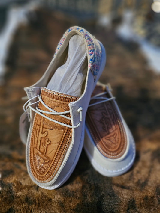 Cream Desert Hand Tooled Hey Dudes