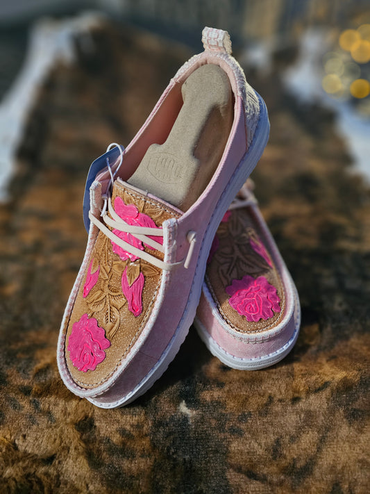 Women's Pink Rose Hand Tooled Hey Dudes