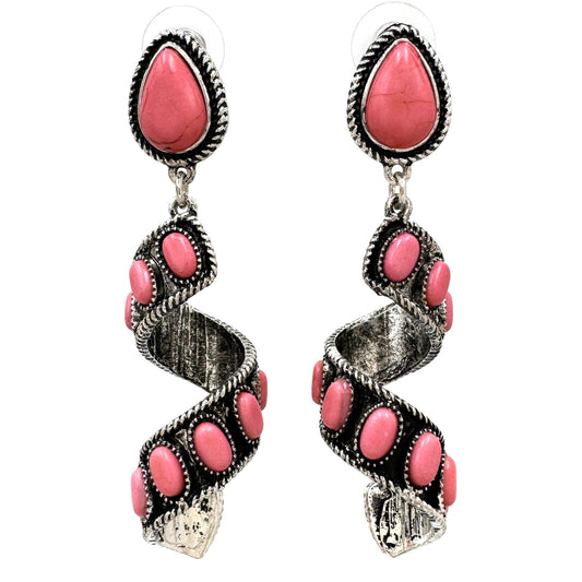 Ribbon Pink Teardrop Stone Western Dangle Earrings