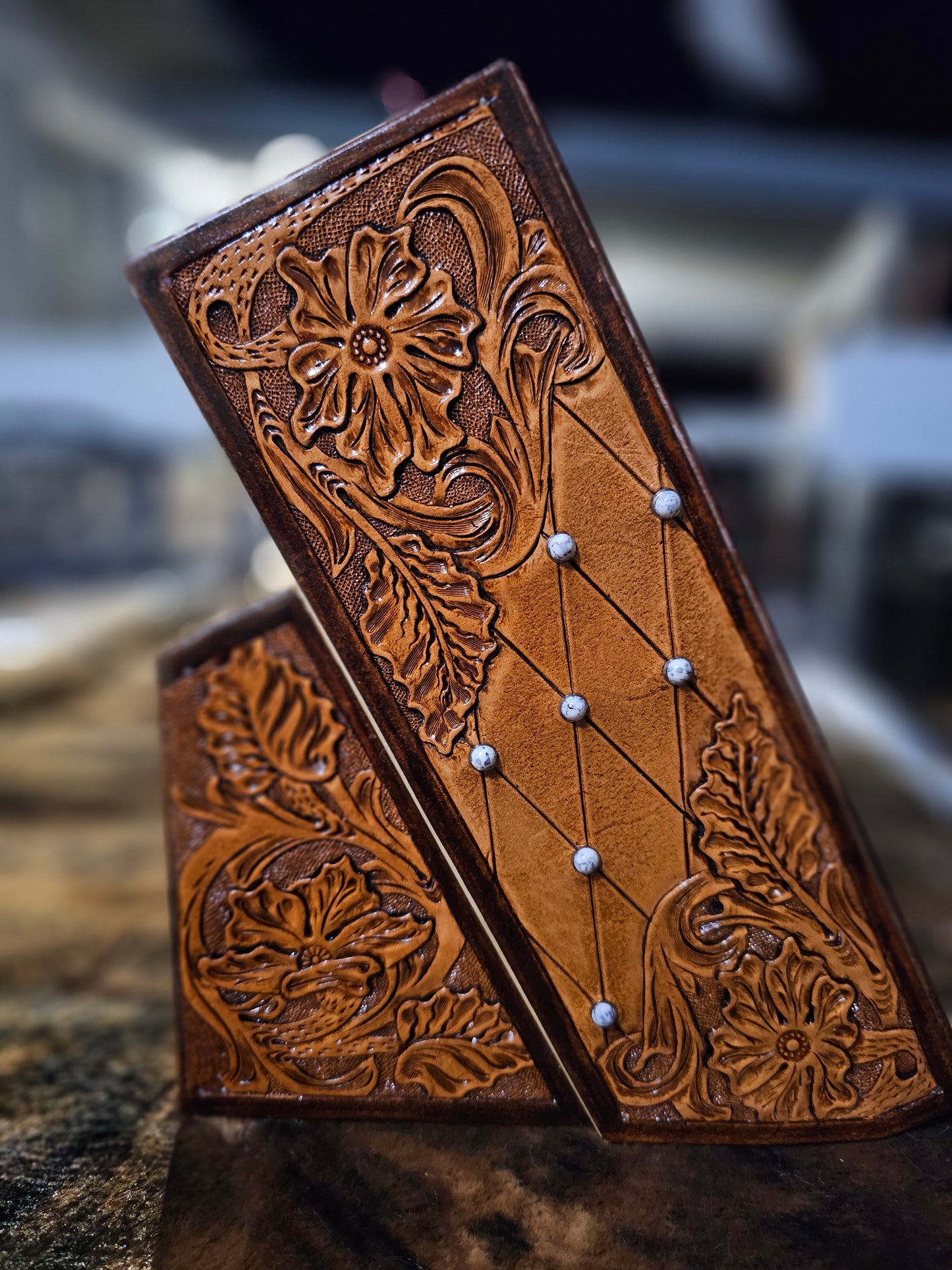Hand Tooled Long Horn Skull Knife Block